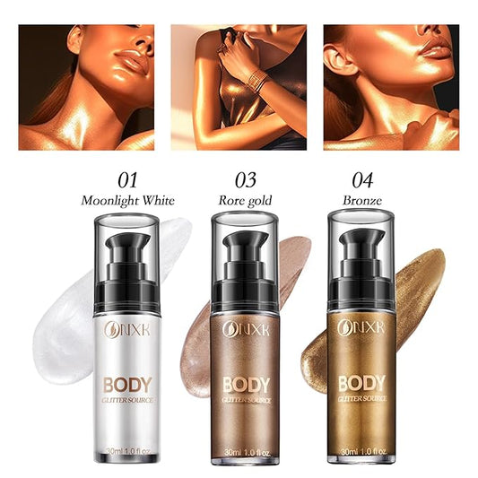 Body Glitter Oil Liquid Luminizer - Glow Hightlighter Shimmer Oil Illuminator Waterproof Long Lasting Moisturizing for Body & Face Bronzer Smooth Lotion with Makeup Brush by ONXK(#03 Rose Gold)