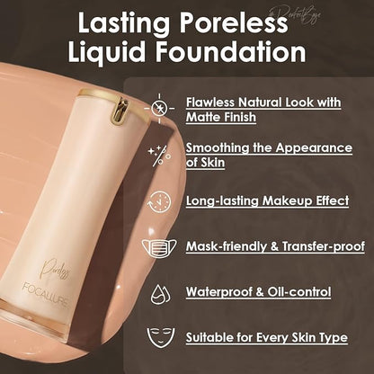 FOCALLURE PerfectBase Lasting Poreless Liquid Foundation, Medium to Full Coverage with Matte Finish, Covers Blemishes & Under-Eye Circles for All Skin Types, CP03 Silk