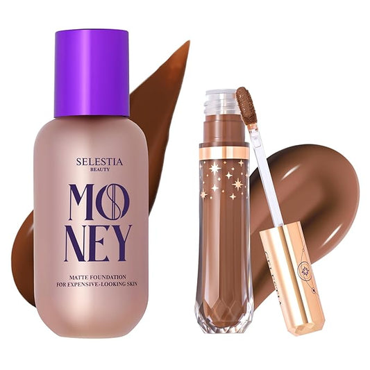 Liquid Foundation & Under Eye Concealer - Make Up Set for Flawless Dark Skin Base - Matte Foundation (Mocha) and Liquid Concealer (Toffee)
