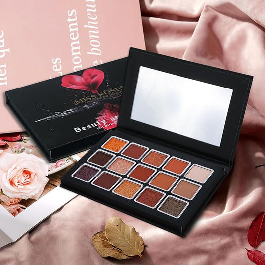 15 Colors Eyeshadow Palette Matte Shimmer Glitter, Highly Pigmented Eye Makeup, Warm Neutral Brown Red Shades, Blendable & Waterproof Eye Shadow Kit for Daily Wear, Smokey, Glam & Party Looks