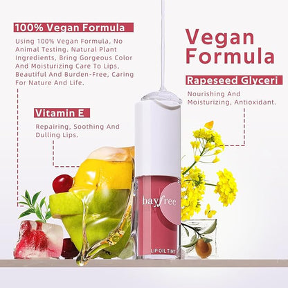 Tinted Hydrating Lip Oil, Korean Makeup Lip Gloss, High Shine, Pigmented Color, Soft Lightweight, Strong Moisturizing, Non-Sticky Lip Oil Tint for Dry Lips, for Healthy Lips All Day Long,Vegan