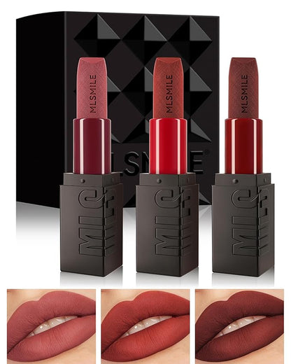 3 Pcs Matte Lipstick for Women Set, Rose Cherry Dark Red Brown Red Nude Matte Lipstick Long-Lasting Lip Makeup,Waterproof Smudge Proof Velvet Lip Gloss 24 Hours Lip Stick Lip Color Gift for Girl-Set B