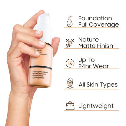 Matte Liquid Foundation Full Coverage - Flawless & Lightweight Oil Control Foundation Makeup, Long-Lasting Waterproof Concealer Cream for All Skin Types, 1 Fl Oz (#102 Nude)