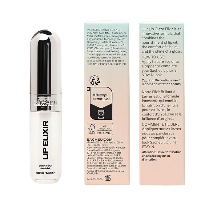 Sacheu Lip Elixir Nourishing and Hydrating Lipgloss — Moisturizing Plumping Lip Gloss Enriched with Collagen, Non-Sticky Lip Color Smooth High-Shine Finish, Vegan & Cruelty-Free, Bunny Ear (Clear)