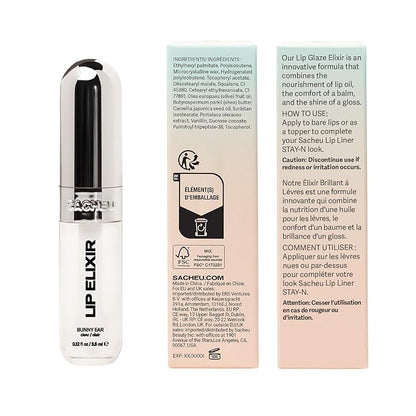 Sacheu Lip Elixir Nourishing and Hydrating Lipgloss — Moisturizing Plumping Lip Gloss Enriched with Collagen, Non-Sticky Lip Color Smooth High-Shine Finish, Vegan & Cruelty-Free, Bunny Ear (Clear)