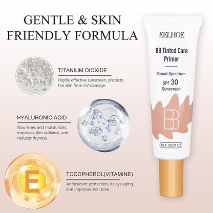 BB Cream Tinted Moisturizer with SPF 30–Lightweight BB Blur Tineted Care Primer,Hydrating Tinted Sunscreen for Face,Full-Coverage Skin Tint Makeup for All Skin Types with 2PCS Sponge (02 Natural)