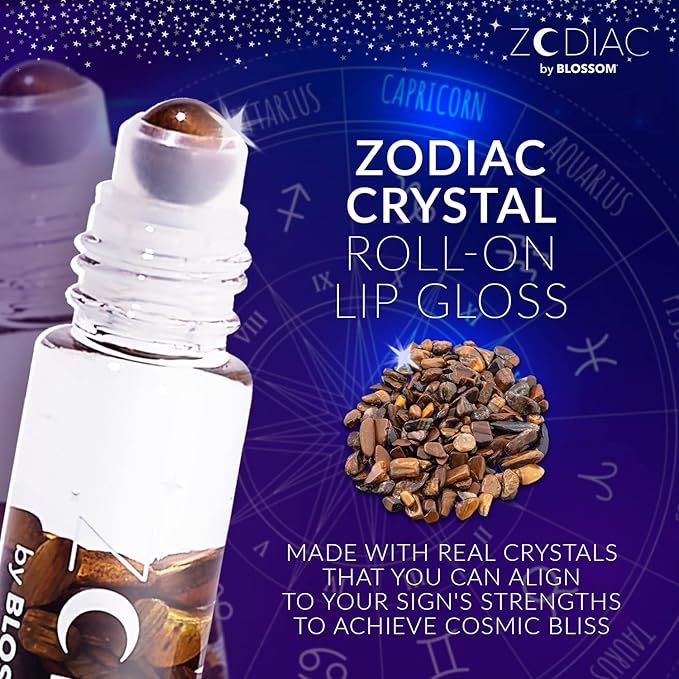 Blossom Lip Gloss Zodiac Sign Vanilla Scented Roll-On Lip Gloss, Moisturizing + Hydrating with Zodiac Crystals, Made in USA, 0.20oz, Capricorn