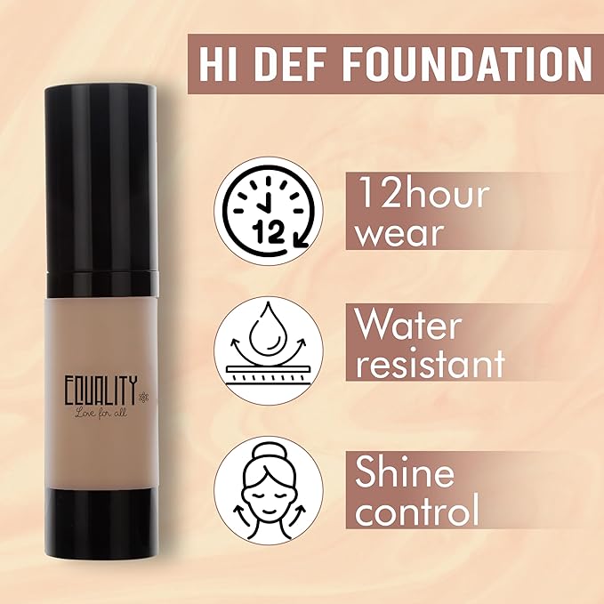 EQUALITY HI-DEF Foundation, Water resistant, Medium to Full coverage, Dewy finish non-matt, 12 hour wear Shine control, Cruelty Free, Paraben Free, 18ml/0.61 US Fl Oz - N45