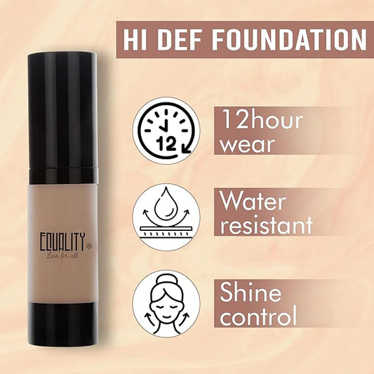 EQUALITY HI-DEF Foundation, Water resistant, Medium to Full coverage, Dewy finish non-matt, 12 hour wear Shine control, Cruelty Free, Paraben Free, 18ml/0.61 US Fl Oz - N45