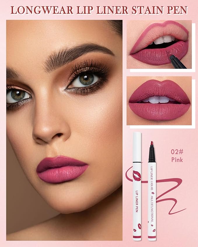 Lip Liner Stain Pen-Pink Matte Waterproof Liquid Lipstick & Lip Liner Pencil, Long Lasting Smudge-Proof Non-Stick Cup Lip Tint Stain, Color Stay All Day, Lipstain Makeup Gift For Women-02#Pink