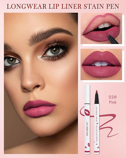 Lip Liner Stain Pen-Pink Matte Waterproof Liquid Lipstick & Lip Liner Pencil, Long Lasting Smudge-Proof Non-Stick Cup Lip Tint Stain, Color Stay All Day, Lipstain Makeup Gift For Women-02#Pink