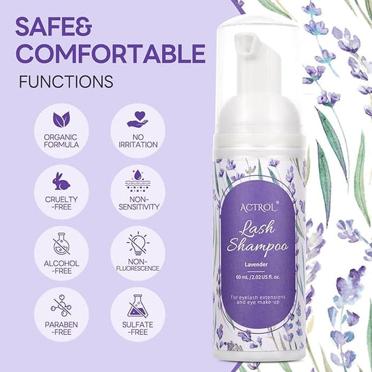 Eyelash Extension Cleanser 60ML Colored Purple Lavender Lash Extension Shampoo Lavender Professional Eyelid Foaming Cleanser Paraben & Sulfate Free Non-lrritating