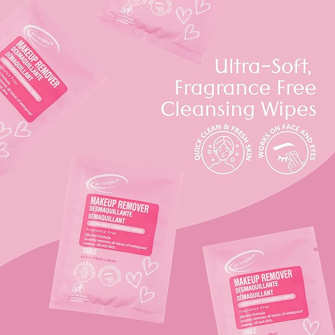 Air Jungles Makeup Remover Wipes Singles 25 Count (Pack of 3), Extra Large 6" x 8", Fragrance-Free, Removes Makeup and Oil, Ultra-Soft Cleansing Wipes, Alcohol Free