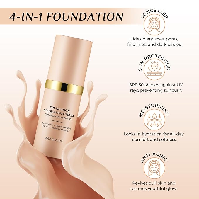 Foundation 4 in 1 - Medium Spectrum with SPF 50+, Anti-Aging, Concealer, Sun Protection, Hydrating Color Changing Foundation Makeup Liquid - Longwearing & Waterproof for Sport, Dancing (1PC, 30ml)