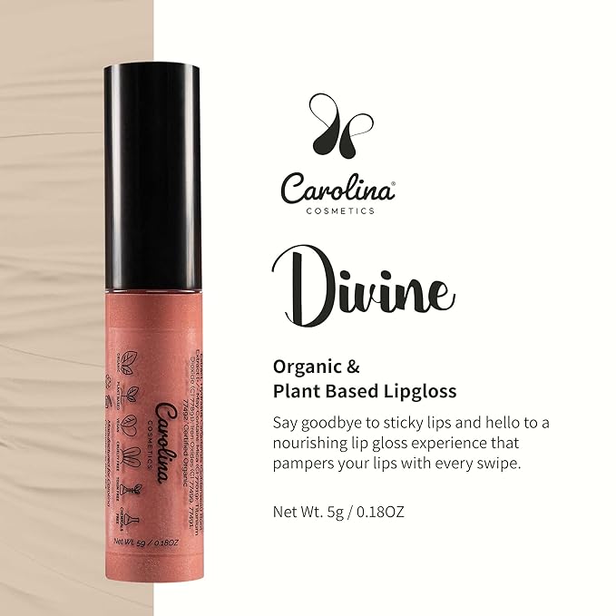 Non-Sticky Lip Gloss (Divine) - Plant-Based Hydrating & Nourishing with Sunflower Seed Oil, Cacao & Grape Seed Oil - 5g/0.18oz