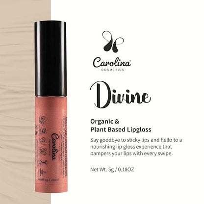 Non-Sticky Lip Gloss (Divine) - Plant-Based Hydrating & Nourishing with Sunflower Seed Oil, Cacao & Grape Seed Oil - 5g/0.18oz