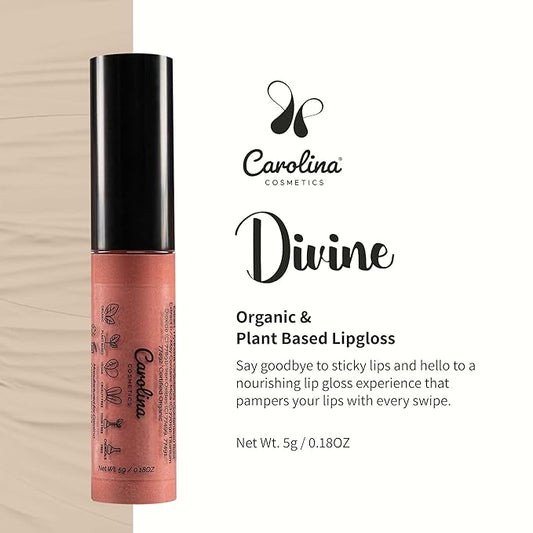 Non-Sticky Lip Gloss (Divine) - Plant-Based Hydrating & Nourishing with Sunflower Seed Oil, Cacao & Grape Seed Oil - 5g/0.18oz