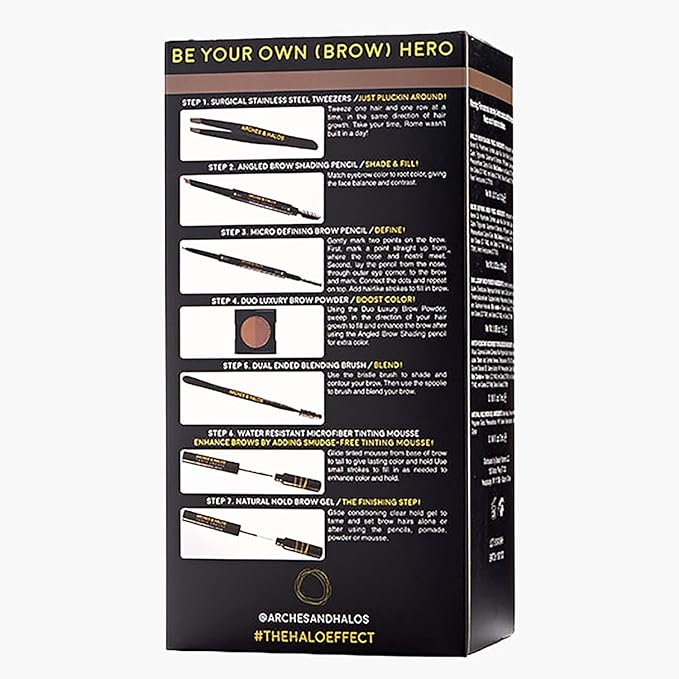 Arches & Halos - Ultimate Brow Hero Kit - Eyebrow Styling Makeup Kit, Pencil, Gel, Shading, Powder, Mousse, Natural and Bold Precise Brow Shaper - Hypoallergenic, Vegan - 7 Pc Kit, Medium