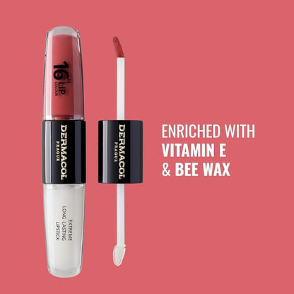 Dermacol NEW 16-Hour Lip Colour, Highly Pigmented Glossy Lip Stain, Two-Phase Lip Plumper Gloss, Kissproof Lip Makeup Products with Matte and Glitter Finish, n.1
