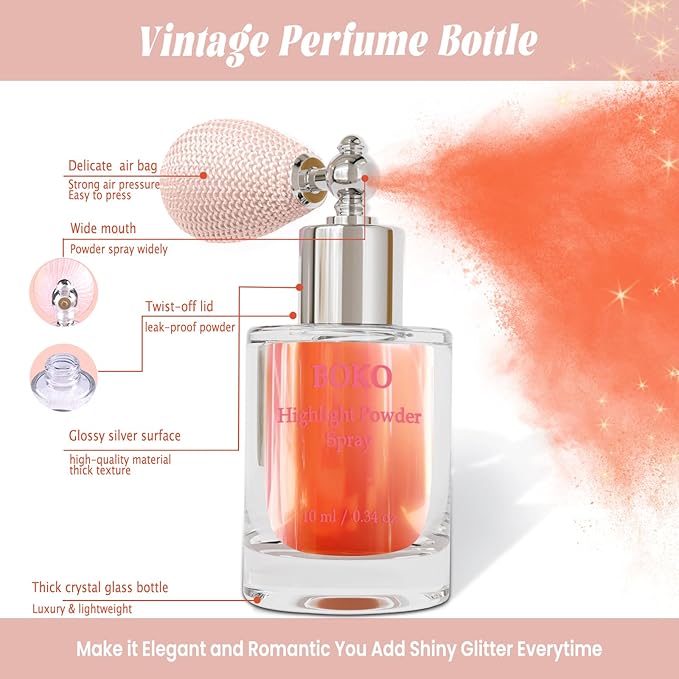 Boko Highlighter Powder Spray, Cosmetic Body Shimmer Spray High Gloss Diamond Highlight Glitter Powder Makeup Sparkle Glitter Hairspray Christmas Rave Accessories for Women Face Paint Hair Clothes