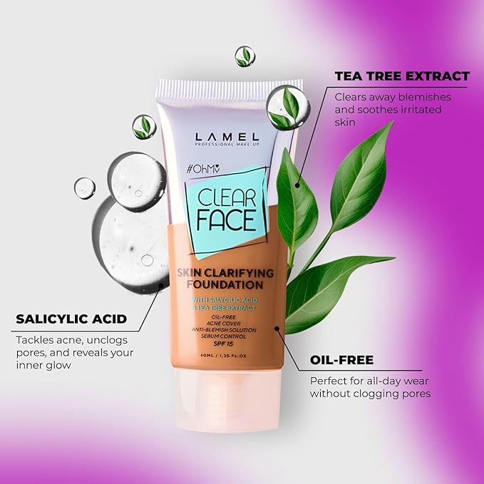 Oh My Clear Face Full Coverage Foundation for Oily & Acne Prone Skin, Salicylic Acid & Tea Tree Extract, Anti-Blemish Sensitive Skin Care, Organic & Oil-Free, 409 Mocha, 40 ml / 1.35 fl.oz