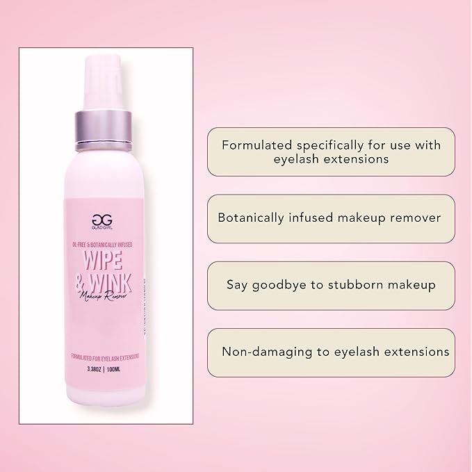 GladGirl Wipe and Wink Oil-Free Makeup Remover Formulated for Eyelash Extensions and Natural Lashes, 100 ml
