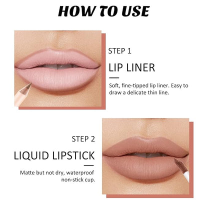Boobeen Liquid Matte Lipstick and Lip Line Pencil Set, Nude Red Lip Makeup Longwear Waterproof Lipliner Pens & Velvet Lip Stain Lip Gloss Smooth Matte Lip Color Make Up Gift Set