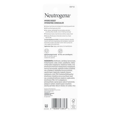 Neutrogena Hydro Boost Hydrating Concealer Stick for Dry Skin, Oil-Free, Lightweight, Non-Greasy and Non-Comedogenic Cover-Up Makeup with Hyaluronic Acid, 50 Deep, 0.12 Oz