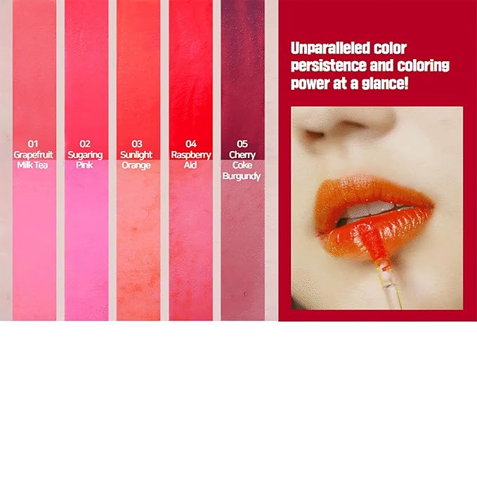 Long-lasting Lip Tint Lip Stain Lip Gloss-Hydrating, Calming, Nourishing and Vivid water tint 0.11 oz (5 colors) (Raspberry ade)