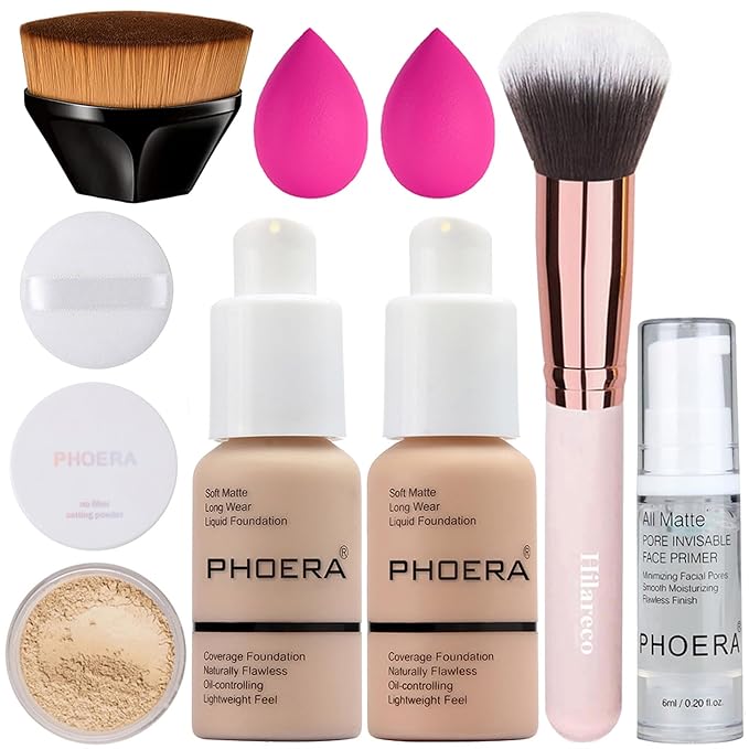 PHOERA Foundation, Full Coverage Foundation, PHOERA Primer, PHOERA Powder, PHOERA Makeup Set, Kabuki Makeup Brushes Foundation Brush Powder Brush,2 Pcs Makeup Sponge (102 Nude + 103 Warm peach)