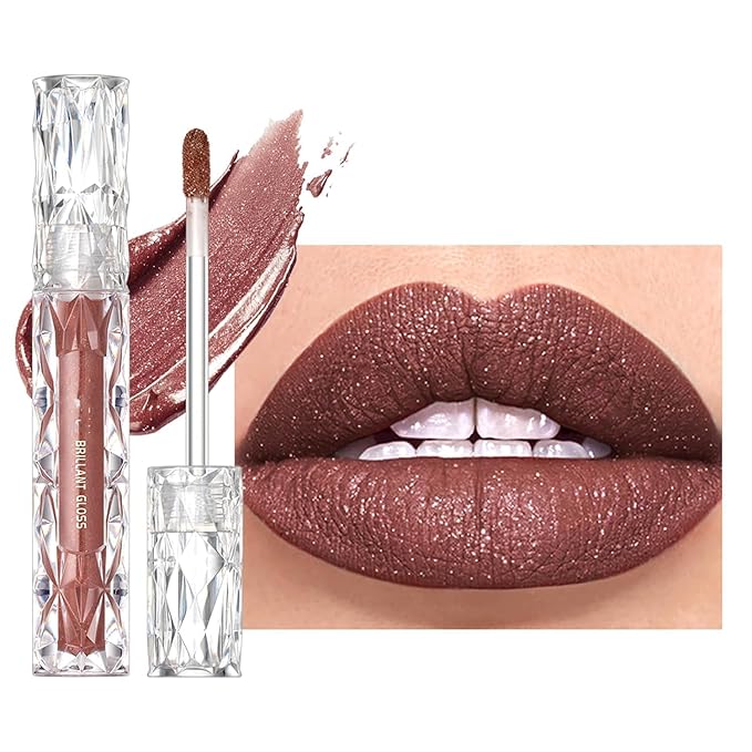 Diamond Matte Nude Lip Gloss, Glitter Metallic Liquid Lipstick Glitter Shimmer Lip Glaze, Shimmery Finish, High Pigment Long Lasting Lip Gloss Tint Christmas Party Makeup (#02)