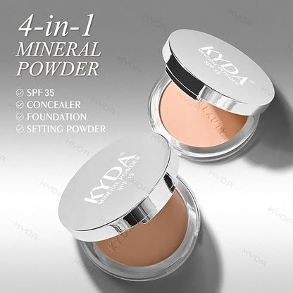 KYDA Mineral Powder, SPF 35, 4-in-1 Mineral Pressed Powder Foundation with Concealer and Setting, Matte Weightless Pressed Foundation, Light to Medium Coverage, #PORCELAIN