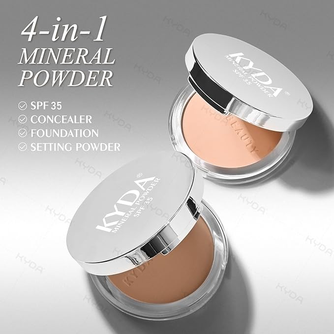 KYDA Mineral Powder, SPF 35, 4-in-1 Mineral Pressed Powder Foundation with Concealer and Setting, Matte Weightless Pressed Foundation, Light to Medium Coverage, #MEDIUM