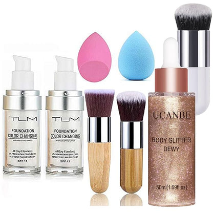 2pcs TLM Color Changing Foundation Liquid with 2 Brushes and 2 Cosmetics Sponge + Champagne Gold Face Body Glitter Liquid Highlighter Illuminator Dewy Drops with Makeup Brush