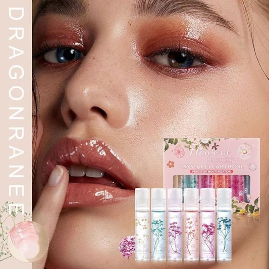 Petansy Flower Jelly Lip Oil Set 6 Packs Moisturizer Long Lasting Roll On Lip Gloss Set with Real Flowers Glossy Lip Make-up for Dry and Chapped Lips