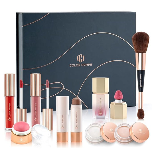 Color Nymph Face Makeup Kits - Special Edition, Makeup Set For Girl's Gift With Lipgloss Liquid Blush Solid Blusher Highlighters Contour Stick and Double-ended Brush For Lady Wife Girls