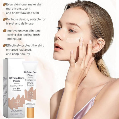 BB Blur Tinted Moisturizer SPF 30, BB Cream Tinted Moisturizer with Broad Spectrum SPF, BB Tinted Care Primer with Brush (Natural, 2PCS)