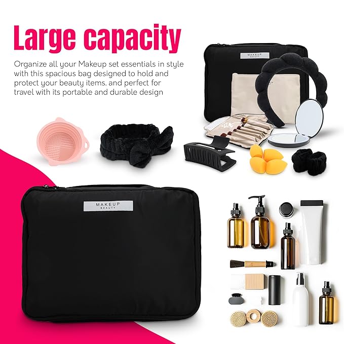 23-Piece All-in-One Makeup & Skincare Gift Set - Black Cosmetic Bag, LED Makeup Mirror, 10 Brush Set, Hair & Spa Accessories - Perfect Teen Gifts, Christmas & Holiday Presents (Black Makeup Set)
