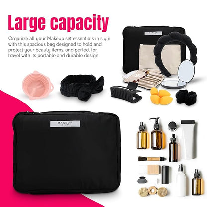 23-Piece All-in-One Makeup & Skincare Gift Set - Black Cosmetic Bag, LED Makeup Mirror, 10 Brush Set, Hair & Spa Accessories - Perfect Teen Gifts, Christmas & Holiday Presents (Black Makeup Set)