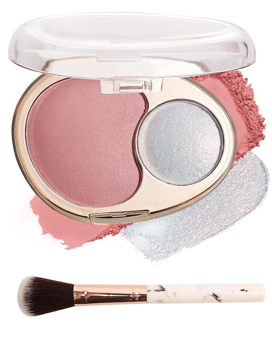 Blush and Highlighter Palette,2 in 1 Nude Pink Blusher Pearl Shimmer Highlighter,Matte Blusher and Bronzer for Face Cheeks,Longlasting Waterproof Facial Makeup Set with Brush,Makeup Gift for Women-02