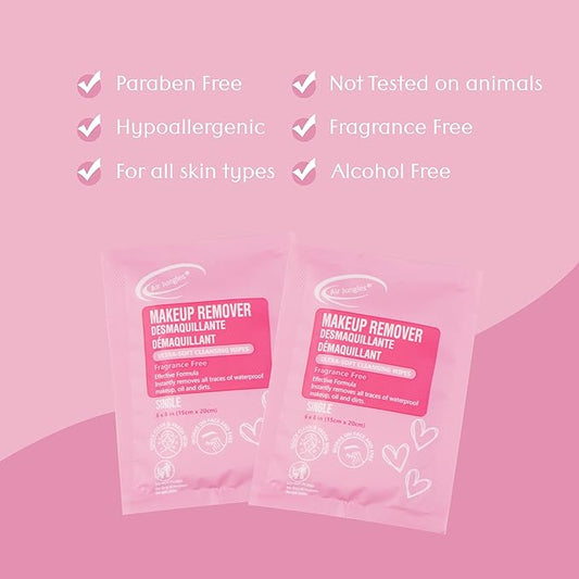 Air Jungles Makeup Remover Wipes Singles 25 Count (Pack of 3), Extra Large 6" x 8", Fragrance-Free, Removes Makeup and Oil, Ultra-Soft Cleansing Wipes, Alcohol Free