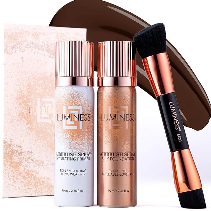 LUMINESS Airbrush Spray Silk Foundation Starter Kit - Rich - Foundation, Primer & Dual-Sided Angled Buffing Brush - Medium, Buildable Coverage, Anti-Aging Formula Hydrates & Moisturizes