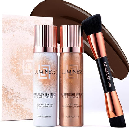 LUMINESS Airbrush Spray Silk Foundation Starter Kit - Rich - Foundation, Primer & Dual-Sided Angled Buffing Brush - Medium, Buildable Coverage, Anti-Aging Formula Hydrates & Moisturizes