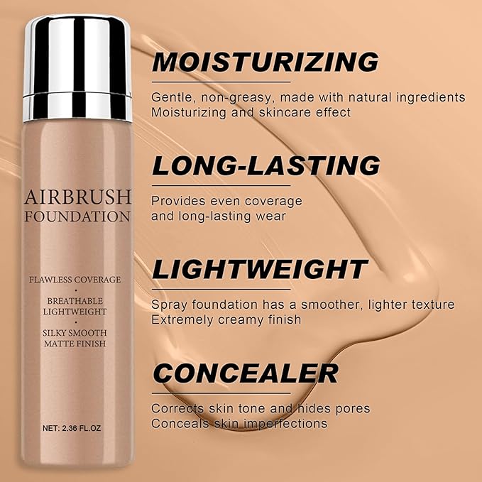Airbrush Foundation Makeup Spray, Long-lasting Silky Mist Foundation Spray with Brush, Flawless Coverage Foundation for Smooth Radiant Skin, Formula Breathable Moisturizing Makeup (02 Beige)