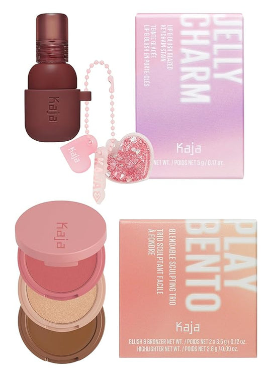 Kaja Lip & Blush Glazed Keychain Stain - Jelly Charm 06 Mocha Glaze + 3-in-1 Blendable Sculpting Trio - Play Bento 02 Cloud Latte Bundle
