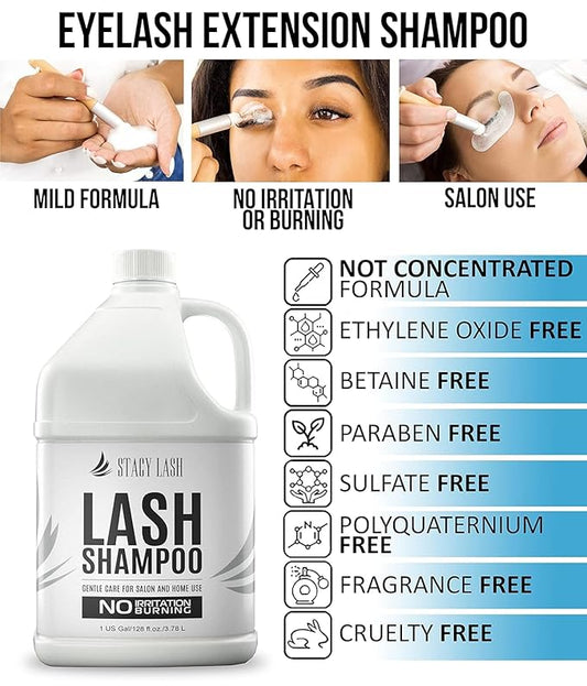 STACY LASH Eyelash Extension Shampoo 1US Gal / 128 fl.oz. / 3.78L / Eyelid Foaming Cleanser/Safe Wash for Extensions & Natural Lashes/Supplies for Professional & Home Use / 50 Aftercare Cards