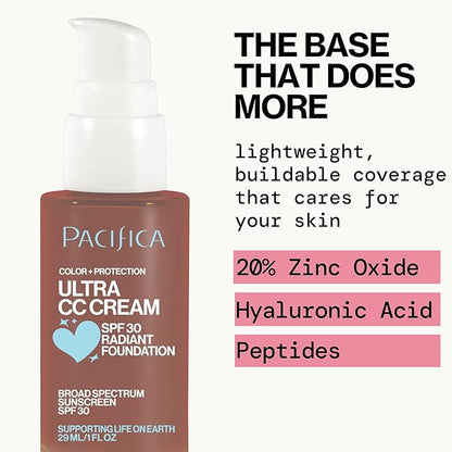 Pacifica Ultra CC Cream Radiant Foundation SPF 17 - Cool-Deep – Medium Coverage Color Correcting Cream, Dewy Finish, Mineral SPF, 1 oz