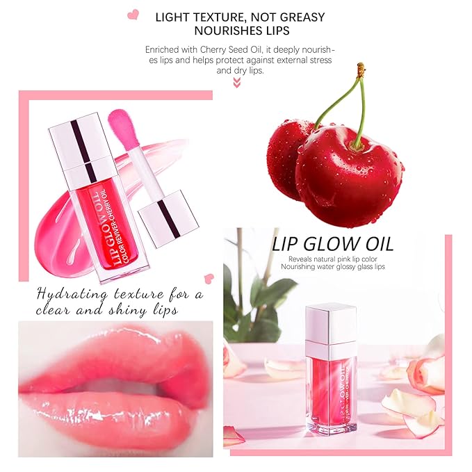 2 Set Lip Oil Hydrating Tinted Lip Balm, Plump Lip Gloss Lip Care Transparent Toot Lip Oil Tinted, Nourishing Repairing Lightening Lip Lines Lip Care Products (Pink/Cherry)