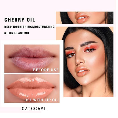 Hydrating Lip Glow Oil - Moisturizing Tinted Lip Gloss Plumping Nourishing Non-sticky Long Lasting Lip Stain with Cherry Oil 0.27 fl.oz (Coral)