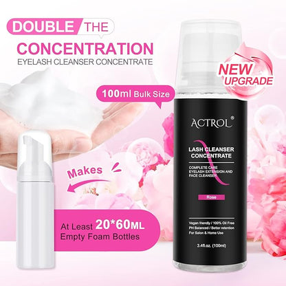 Eyelash Cleaner Concentrate Set Rose 100ml Eyelash Extension Shampoo Natural Foaming Cleanser 60ml Bottled Cleansing Brush Paraben and Sulfate Free Lashes & Salon Home Care Eyelash Shampoo
